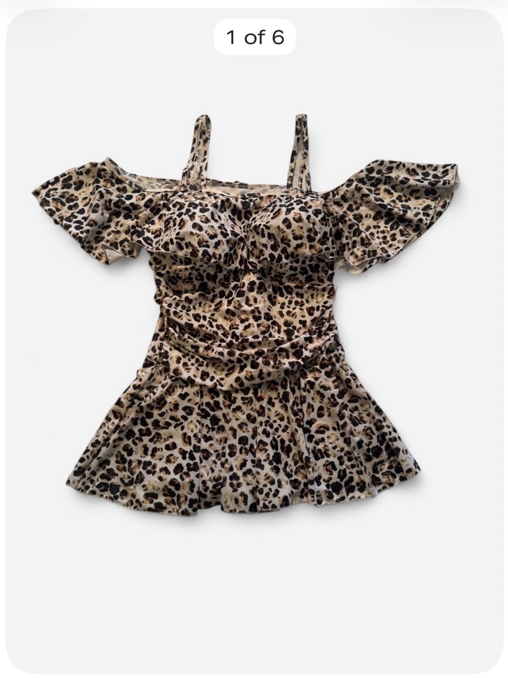 COCOPEAR Leopard Print One Piece Skirted Swimdress Size L Tummy Control